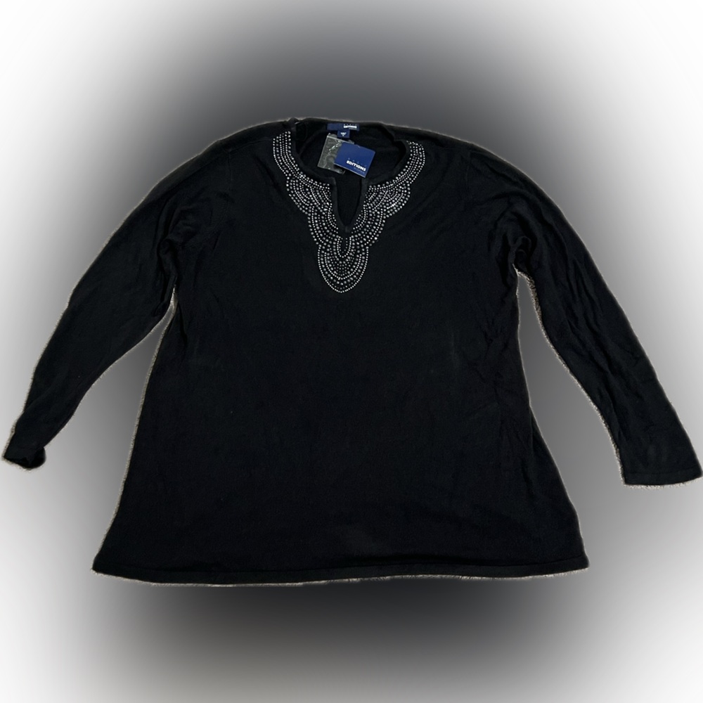 💥NWT Women Basic Editions Black Top Embellished Neckline LS Blouse Sweater 3X